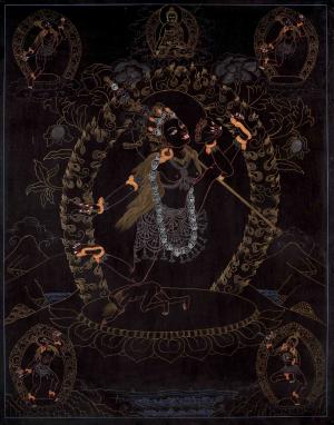 Vajrayogini Thangka in Black Themed painted on a stretched Canvas